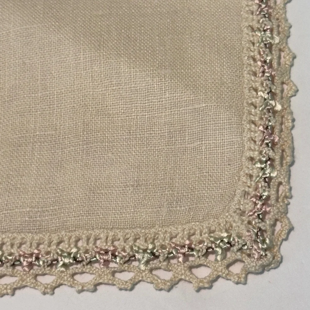 Vintage Linen Table Runner Cream Crochet Lace Trim Pastel Embroidered 44x17